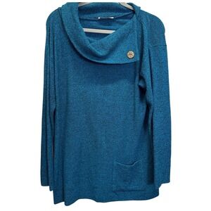 Margaret Winters Teal Black Textured Cowl Neck Pocket Tunic Top Size S
